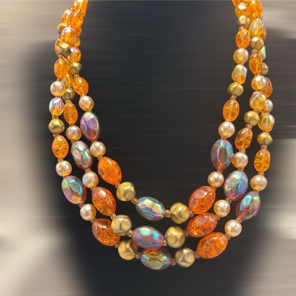 Amber 3 Strand Necklace Triple Strand with Beaded Front or Back Clasp - Picture 5 of 7